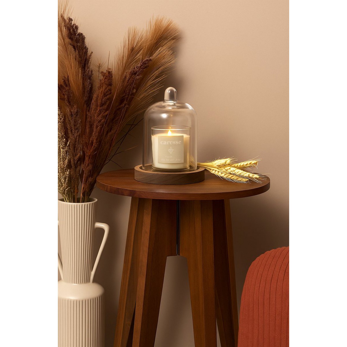 Luxe Geurkaars met Stolp – Witte Geurkaars in Glazen Houder met Houten Onderzetter – Sfeervolle Interieurdecoratie & Cadeau – Natuurlijke Hout- en Bosgeur – Kaars – Wit