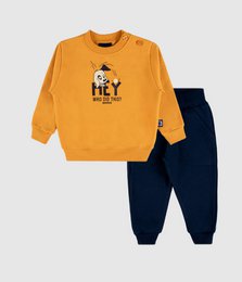 Orange sweatshirt with black graphic print, navy jogger pants, kids two-piece set.
