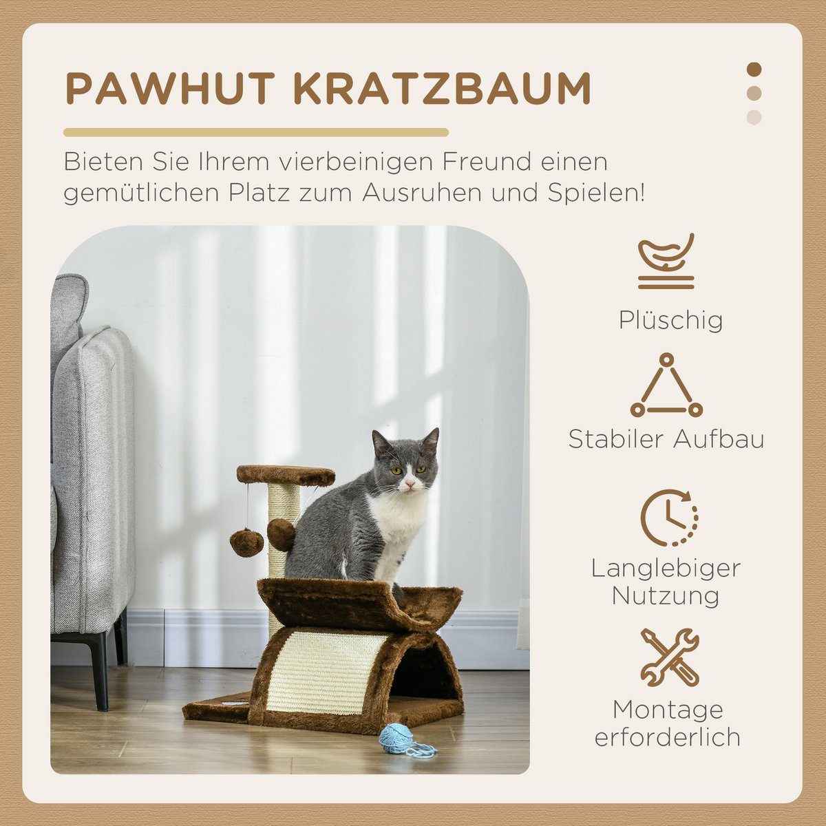 Scratching post 43 cm small cat tree with tunnel, U-shaped lying surface, cat scratching post with scratching board, play ball, cat furniture for small cats, brown