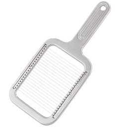 Stainless steel mozzarella cutter with serrated blade for slicing cheese into thin, even pieces.