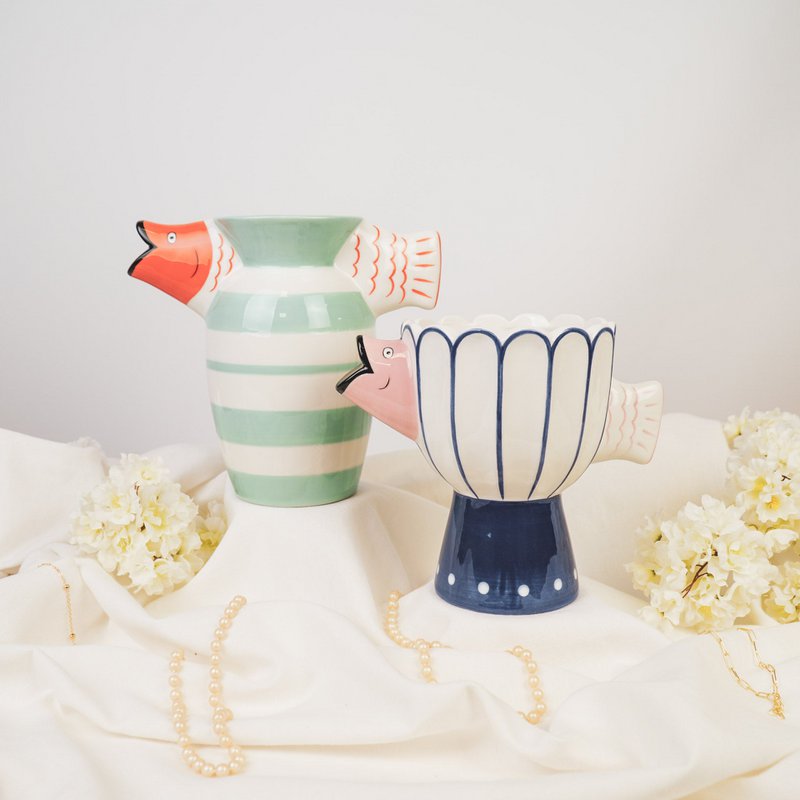 Vaso - Fish - Dolomite -Blue/bianco/rosa -21x13.5x18cm