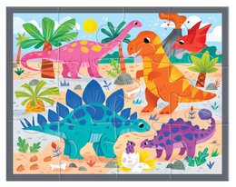  Colorful dinosaur puzzle with pink, orange, blue, purple dinos, tropical plants, geometric shapes, educational children's puzzle.