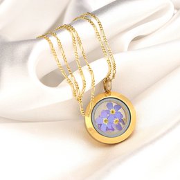 Vergeet-mij-niet-medaillon - glazen hanger echte bloemen 925 sterling vergulde ketting - K925-70