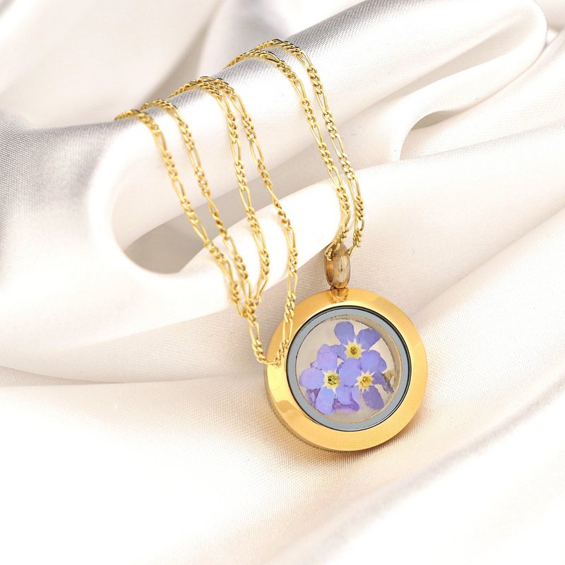 Vergeet-mij-niet-medaillon - glazen hanger echte bloemen 925 sterling vergulde ketting - K925-70