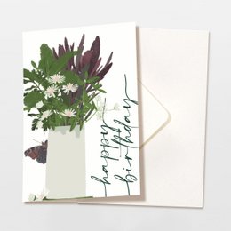 Foldekort 'happy birthday' vase med blomster og sommerfugl, inklusive kuvert