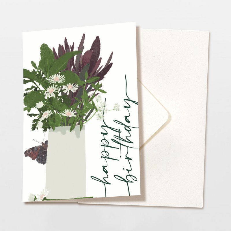 Foldekort 'happy birthday' vase med blomster og sommerfugl, inklusive kuvert