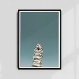 Leaning Tower of Pisa, a famous landmark in Italy, captured in a minimalist, architectural style photograph.