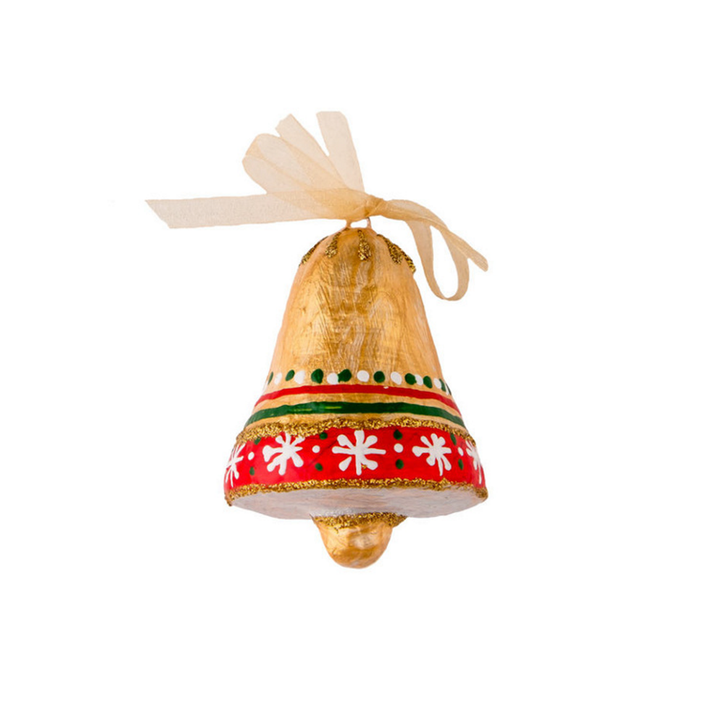 Handmade papier-mache Christmas bell with snowflakes