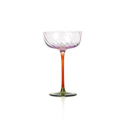 Trio-tone champagne coupe glass with pink bowl, orange stem, and colored base in green and black.