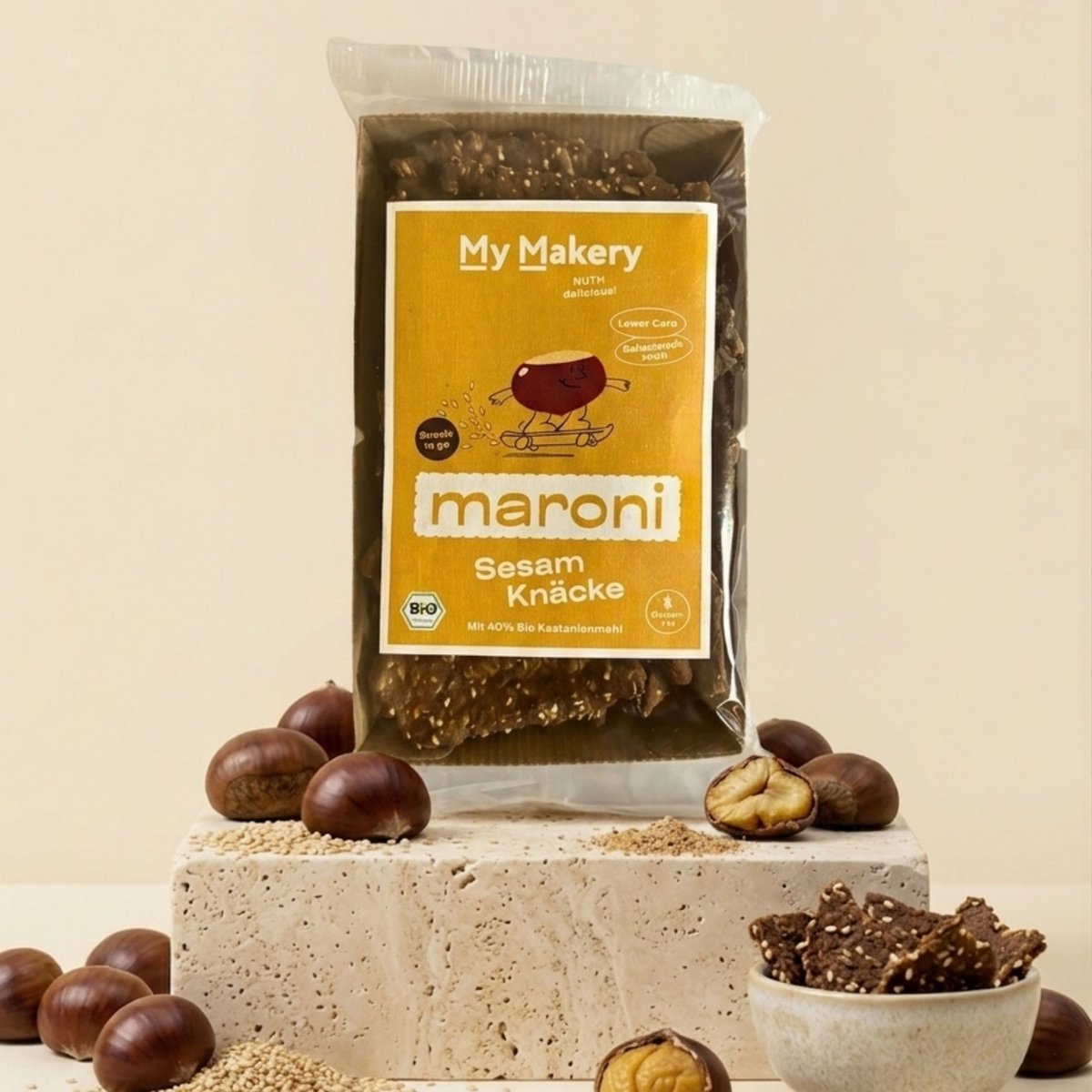 Maroni Knäcke Snack Sesame-gluten-free bio-snack on chestnut-flour-with extra sesame crunch