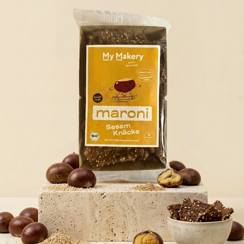 Maroni Knäcke Snack Sesam - Glutenfreier Bio-Snack auf Kastanienmehlbasis – mit extra Sesam-Crunch