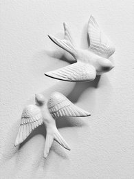 White relief image of two swallows in flight with detailed feather textures.