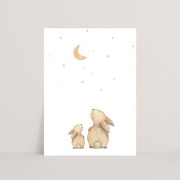 Watercolor postcard featuring rabbits and stars in a night sky scene.