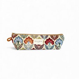 Colorful floral patterned pencil case with a zipper closure and a leather interior. The case features a variety of vibrant flower and geometric shapes in shades of red, orange, yellow, and blue.
