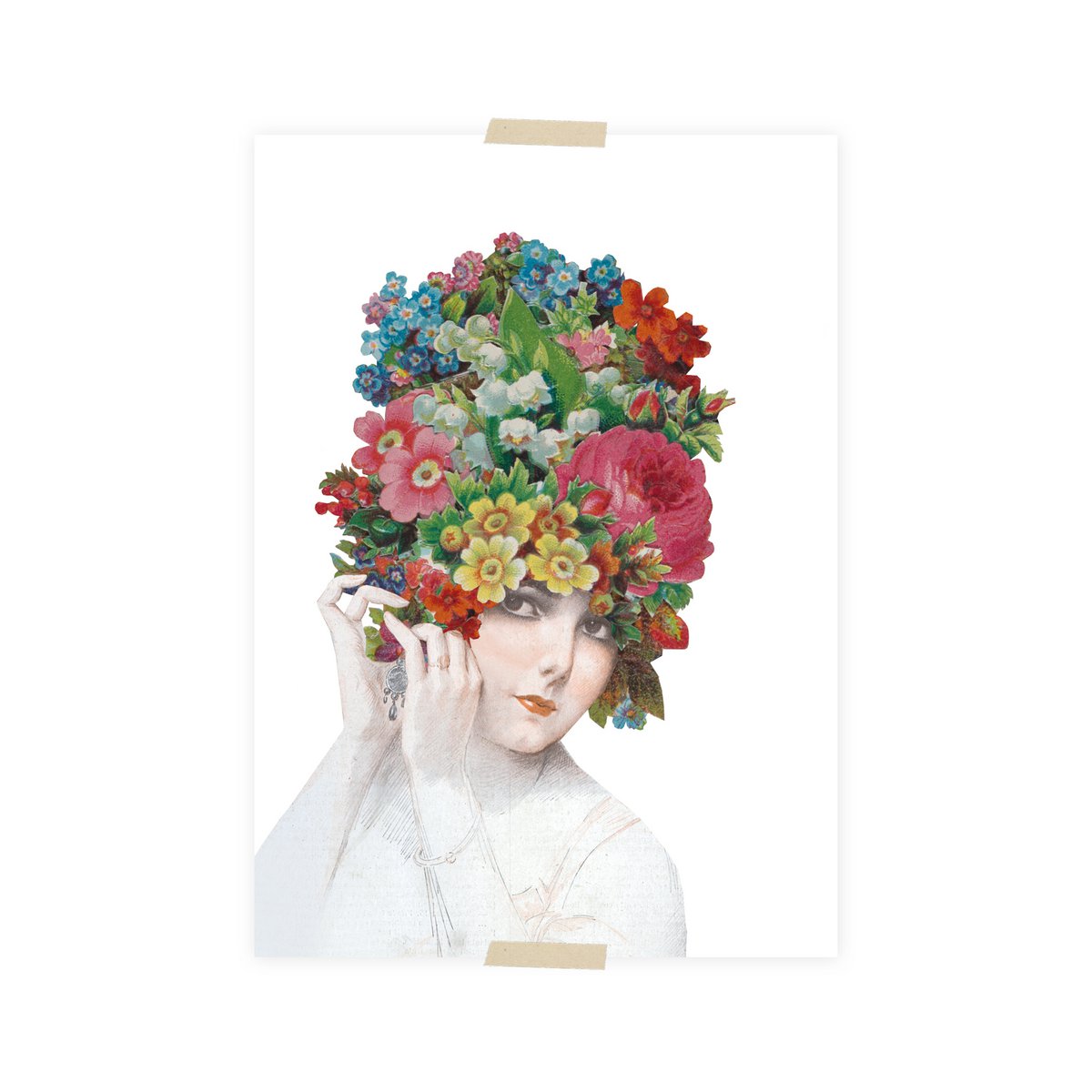 Postcard collage dametje met gekleurd bloemenhoofd