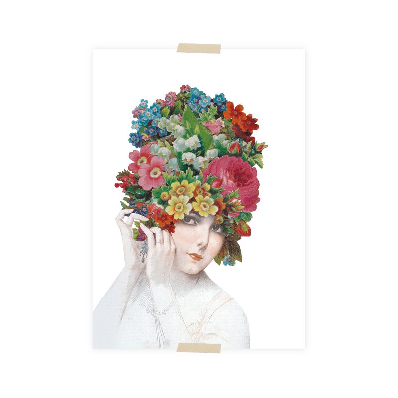 Postcard collage dametje met gekleurd bloemenhoofd