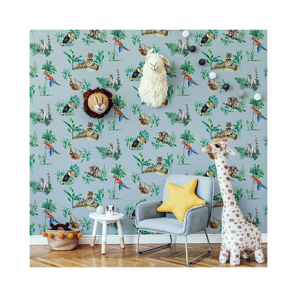 Papel Pintado Infantil Animales de la Selva - Color Azul