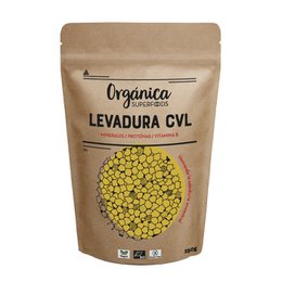Yellow nutritional yeast supplement in a resealable pouch. Contains 250g of organic, non-GMO, gluten-free levadura cvl.