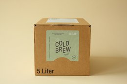 Premium decaf cold brew coffee in a 5 liter box. The coffee is packaged in a brown cardboard box with the text "Cold Brew" printed on the front.