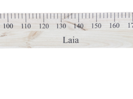 A large wooden ruler used as a growth chart for children's room. The ruler has measurement markings and the name "Laia" printed on it. The image shows the ruler mounted on a wall, with children's hands reaching up to measure their height.