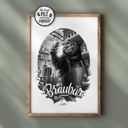 Black and white poster featuring a bear character with the text "Der Braubär" (The Brew Bear). The poster has a vintage, woodcut-style illustration.