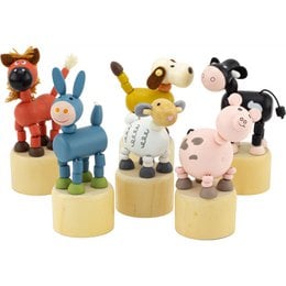 The product is a set of 12 wooden farm animal toys. The set includes a variety of colorful and whimsical animal figures such as a fox, rabbit, cow, and more. The toys are made of wood and have a simple, stylized design that would be suitable for young children to play with.
