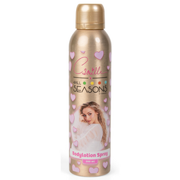  A gold-colored body lotion spray for kids, featuring a floral design and the brand name "Camille" on the bottle.