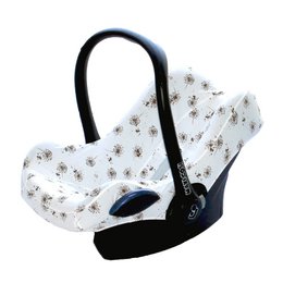 White pram accessory with brown dandelion flower pattern, suitable for infant car seat or stroller.
