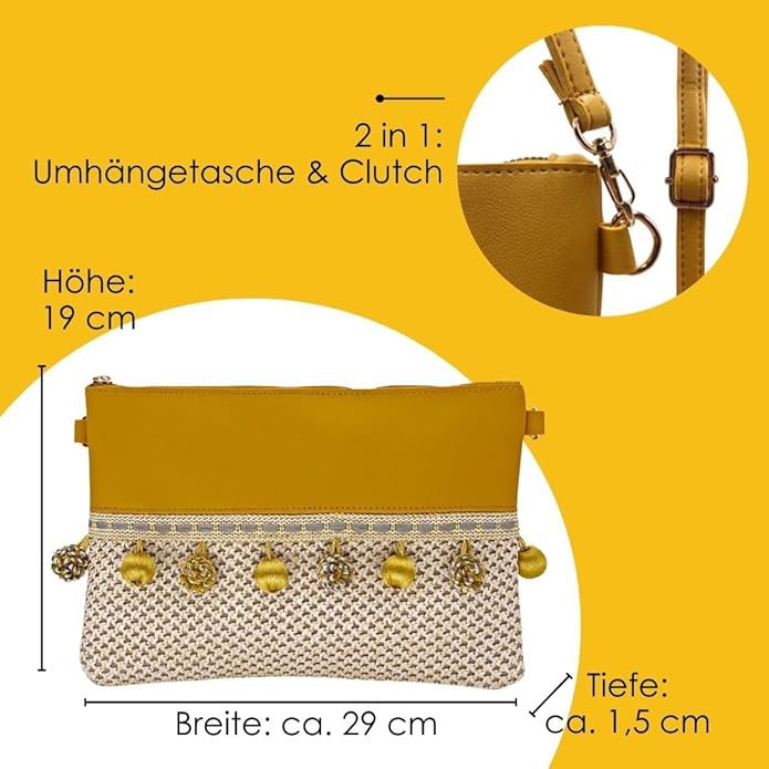 Gewebte Strohtasche "Valetta" Klein // 2 in 1 Umhängetasche & Stroh-Clutch mit Bommel // Gewebte Strandtasche, Basttasche, Flechttasche, Crossbody Tasche für Sommer, Strand - Boho Chic