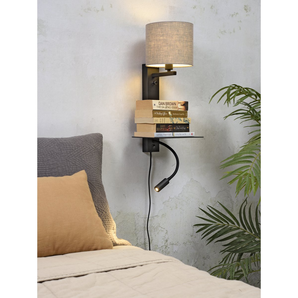 Wandlamp Florence plank+usb+leeslamp/kap 1815 d.linnen