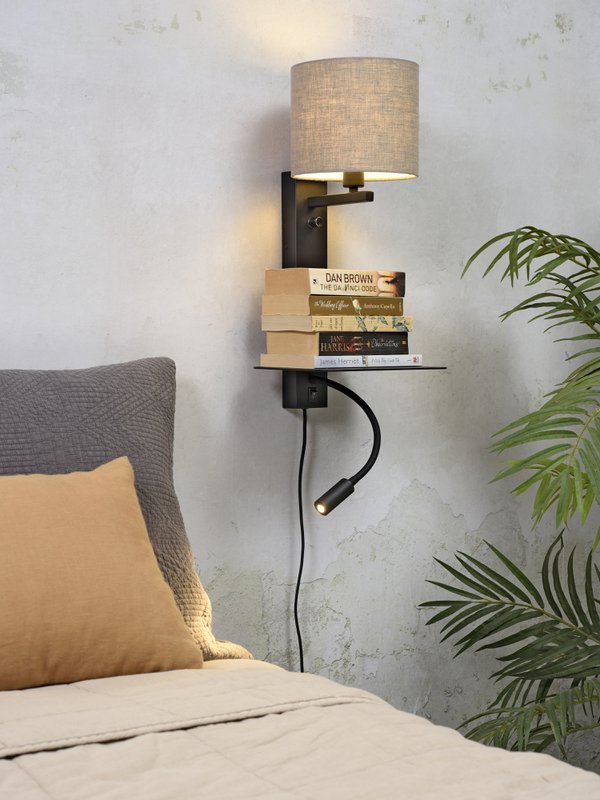 Wandlamp Florence planke+usb+leeslamp/kap 1815 d.linnen
