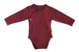 A burgundy-colored baby romper with long sleeves and a snap closure. The romper is available in various sizes and colors including bordeaux, light blue, and green.