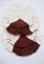  Handwoven macrame coasters, round 6 inch, cotton, cream and burgundy red, fringed edges, set of 2
