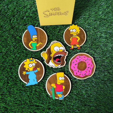 Set of 6 Colorful Wooden Simpsons Coasters, Homer, Marge, Bart, Lisa, Maggie, Donut, Unique Gift, Geek Home Decor, Housewarming