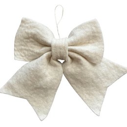 A large, off-white, wool felt bow hanger holder that is handmade in Nepal. The bow has a soft, fluffy texture and is attached to a green crocheted holder that is decorated with ornaments.