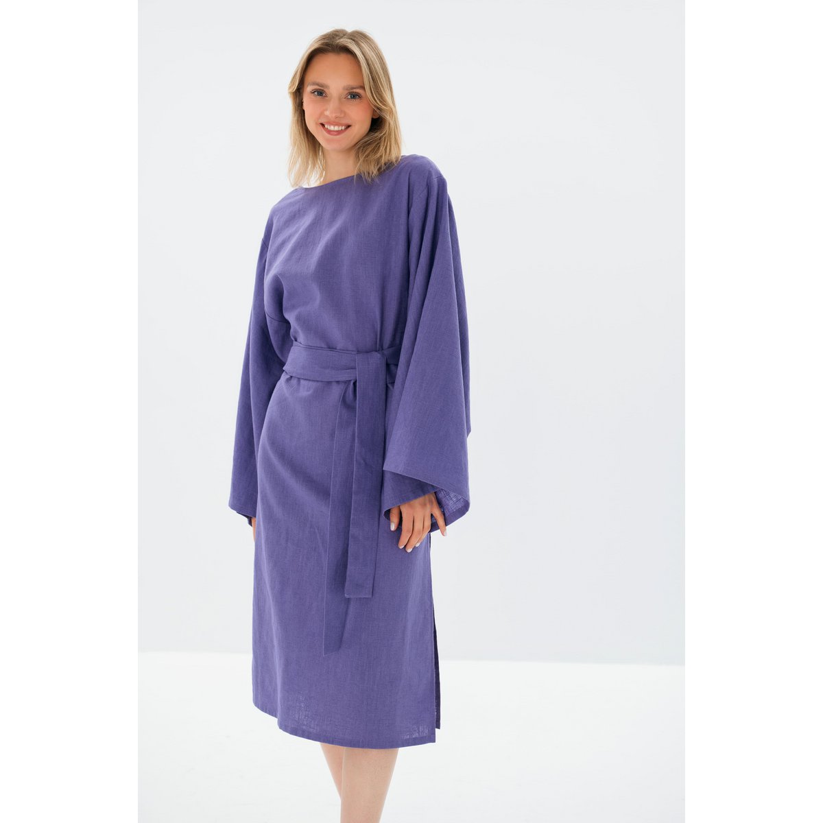 WHISPER — Vestido midi con mangas de kimono de lino lavado a la piedra