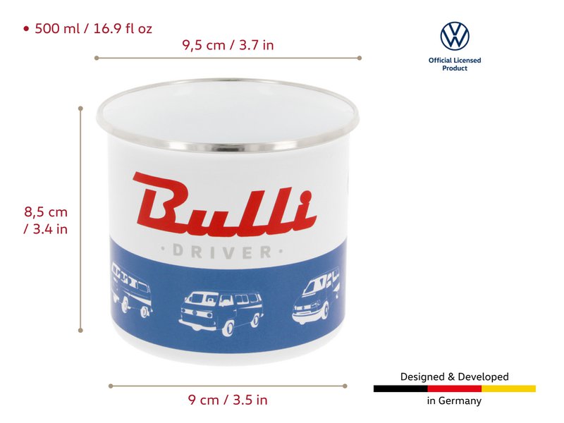 Volkswagen VW T1 Bus Tasse en émail 500 ml dans une boîte cadeau - Bus classique/Bleu/Blanc