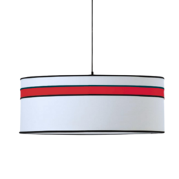 Decorative pendant light with a round, white shade and red and black striped accents. Available in multiple size variants.