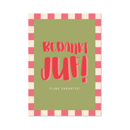 Bright, colorful thank you card with text "Blooming June" and a checkered border pattern.