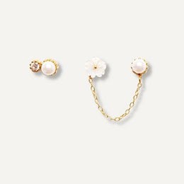 Elegant statement earrings featuring a trio of white pearls and delicate chain details.