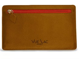 Cognac leather mask holder with red zipper, rectangular shape, VUE LAC branding.