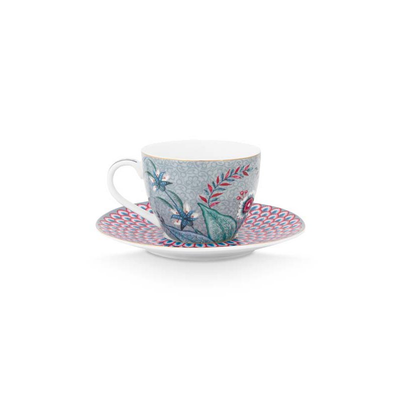 Set/2 Espresso Cups & Saucers Flower Festival Light Blue 120ml