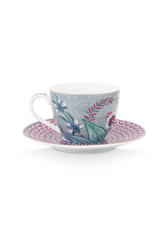 Set/2 Espresso Cups & Saucers Flower Festival Light Blue 120ml