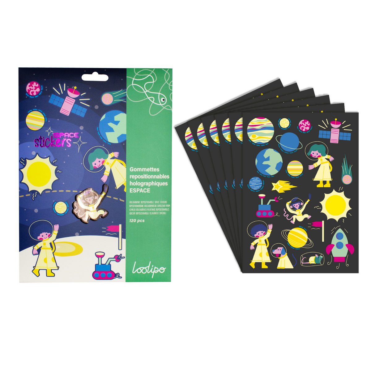 REPOSITIONABLE & HOLOGRAPHIC PAPER STICKERS - SPACE - 2 - 6 cm - 120 pcs - Assorted colors