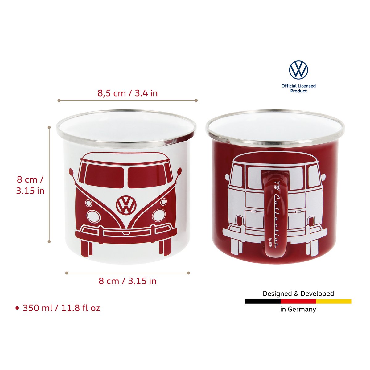Volkswagen VW T1 Bus Enamel Mug 2-pc Set 350ml in Gift Box - Front/White & Red
