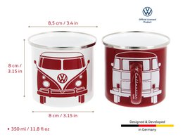 Kubek emaliowany Volkswagen VW T1 Bus 2 szt. 350 ml w pudełku prezentowym - przód / biało-czerwony