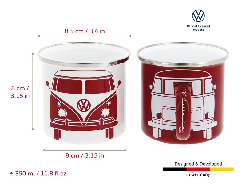 Kubek emaliowany Volkswagen VW T1 Bus 2 szt. 350 ml w pudełku prezentowym - przód / biało-czerwony