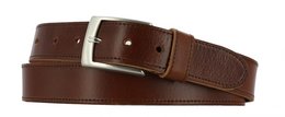 A brown leather belt with a round stitch design, available in various colors and sizes.