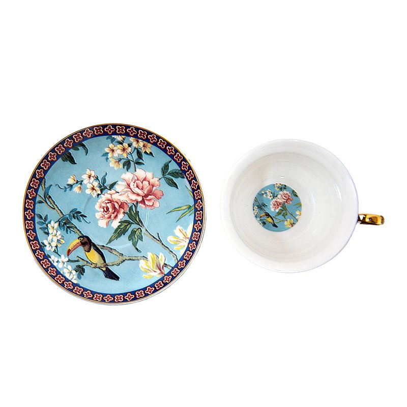 Kop og tallerken 200 ml blåt guld -farvet porcelænsfugle service