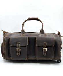  Dark brown oiled leather duffle bag, rolling garment bag with shoe compartment, vintage style handles